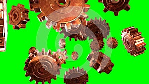 Rusty copper gears on green chroma key background.