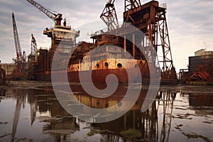 rusty crane and abandoned ship at dockyard