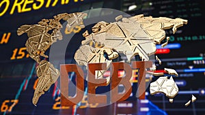 The rusty debt text on world map for Business concept 3d rendering