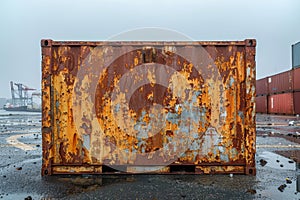 A rusty, dented shipping container battered by harsh weather, on a gloomy port background. AI generated. photo