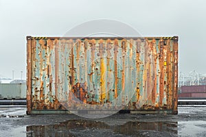 A rusty, dented shipping container battered by harsh weather, on a gloomy port background. AI generated. photo