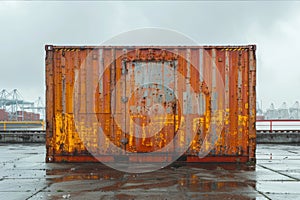 A rusty, dented shipping container battered by harsh weather, on a gloomy port background. AI generated. photo