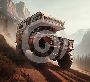 rusty dirt offroad 4x4 lifted vintage custom camper conversion jeep overlanding in mountain roads