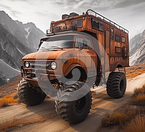 rusty dirt offroad 4x4 lifted vintage custom camper conversion jeep overlanding in mountain roads