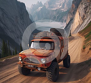 rusty dirt offroad 4x4 lifted vintage custom camper conversion jeep overlanding in mountain roads