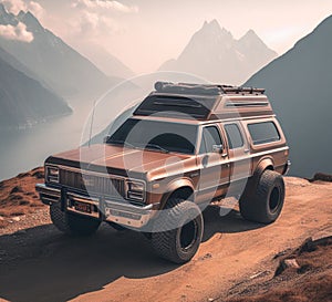 rusty dirt offroad 4x4 lifted vintage custom camper conversion jeep overlanding in mountain roads