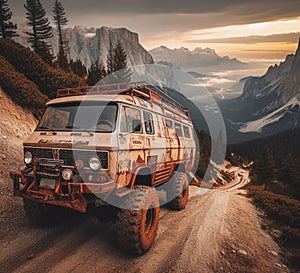 rusty dirt offroad 4x4 lifted vintage custom camper conversion jeep overlanding in mountain roads