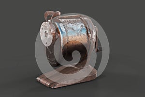 A rusty dirty old vintage antique vacuum mounted hand powered pencil sharpener isolated on white with room 3d render