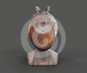 A rusty dirty old vintage antique vacuum mounted hand powered pencil sharpener isolated on white with room 3d render