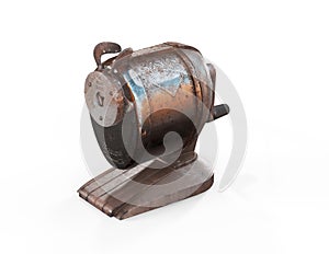 A rusty dirty old vintage antique vacuum mounted hand powered pencil sharpener isolated on white with room 3d render