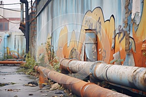 rusty drainpipes and peeling paint on the walls of a narrow byway