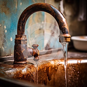 Rusty faucet above the sink, the flow of water from the tap. Generative