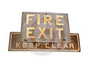 Rusty Fire Exit Sign Isolated on White Background