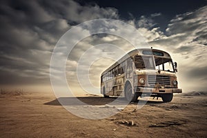 Rusty frame of an old bus standing on an empty road with clouds of dust around