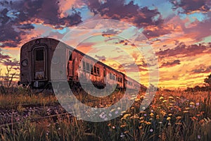 Rusty Freight Train at Sunset
