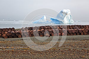 Rusty fuel drums on Arctic coast