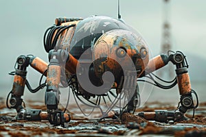Rusty futuristic robot exploring a desolate landscape