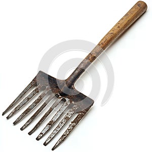 Rusty garden rake with wooden handle