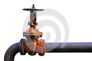 Rusty gate valve on a pipeline on white background