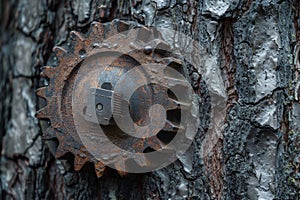 A rusty gear is sitting on a tree trunk