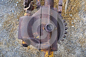Rusty gears background, old rural agricultural machinery, rustic industrial landscape, dirty vintage gears