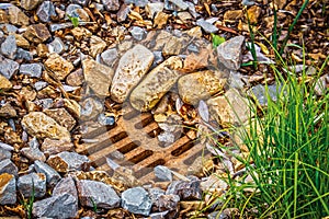 Rusty grate to storm sewer partly covered by landscape rocks - Closeup with tuft of green grass