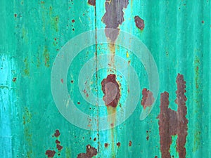 Rusty green mint metal wall with brown patterns. metal rust texture background