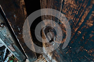 Rusty hook on old wooden door, brown background, top view