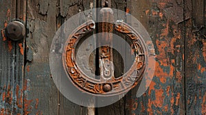 A rusty horseshoe adorned with symbols and hung above a doorway protecting against evil spirits and bringing good luck.
