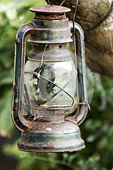 Rusty hurricane lamp hanging in a trea