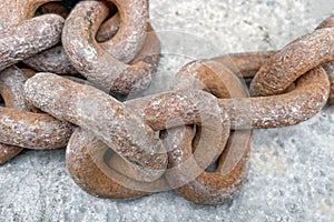 Rusty iron chain on gray background