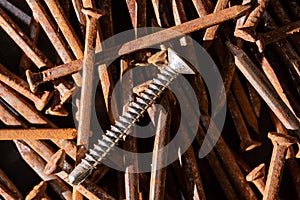rusty iron nails piled up in disarray and a new chrome screw on top