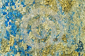 Rusty Iron surface with ugly fragments of blue, yellow white