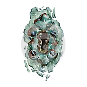 Rusty iron vintage door knob, keyhole isolated on white. Watercolor hand drawing realistic illustration. Art for design