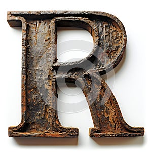 Rusty letter R in old rusty metal on white background