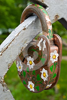 Rusty lock covered with camomile drawings