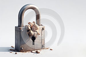 A rusty lock with a flower instead of a key. Space for text.