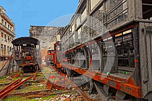 Rusty locomotives and train wagons in Havana, Cuba