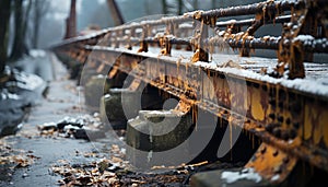 Rusty machinery in snowy forest, old steel equipment vanishing generated by AI