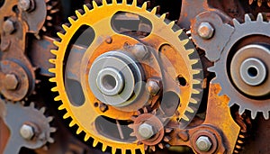 Rusty machinery turning, teamwork interlocked, manufacturing equipment progress generated by AI