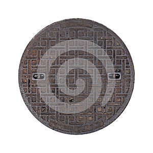 Rusty manhole cap isolated on white