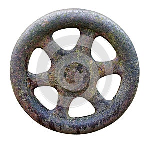 Rusty metal  aged wheel from an vintage  machinery valve isolated