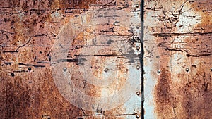 Rusty metal background, scratches stains rivets and seams on textured iron wall