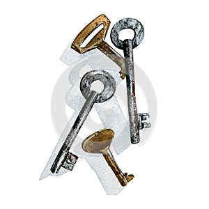 Rusty metal brass and iron key isolated on white background. Watercolor hand draw realistic illustration. Art for design