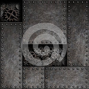 Rusty metal with cogs and gears behind. Steam punk technology 3d illustration background.