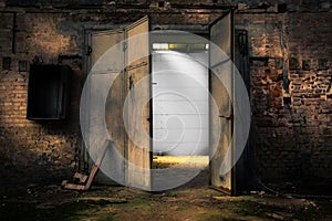 Rusty metal door in an abandoned warehouse