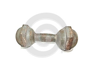 Rusty metal dumbbell 5 kg on white background