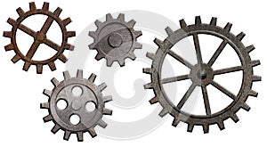 Rusty metal gears and cogs set isolated on white photo