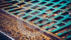 Rusty metal grate on wet flooring creates abstract textured backdrop generated by AI