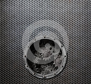 Rusty metal grid background with porthole and gears inside 3d illustration